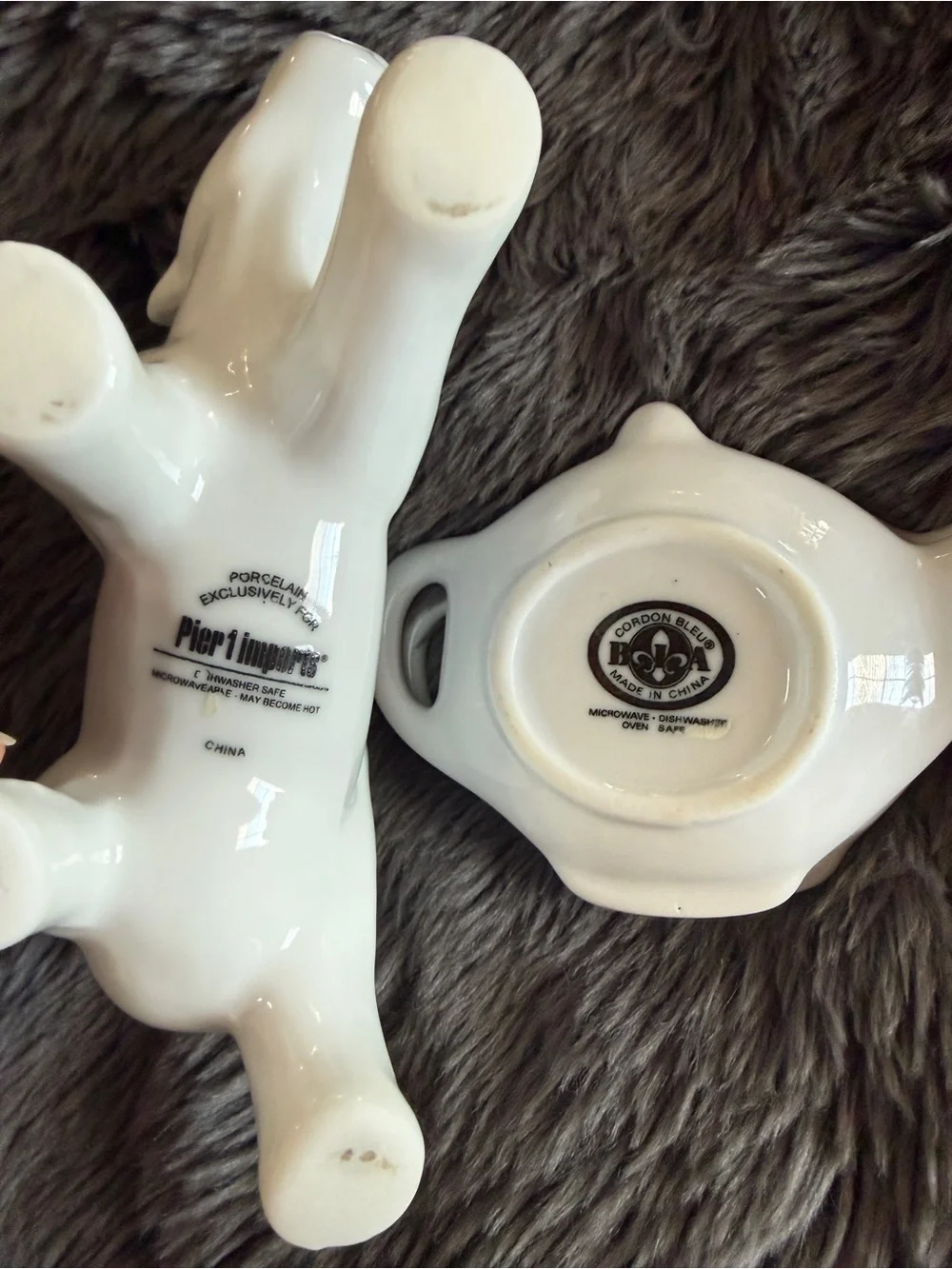 Pier 1 White Ceramic Cow Creamer and Two Cordon Bleu Teapot Teabag Rests